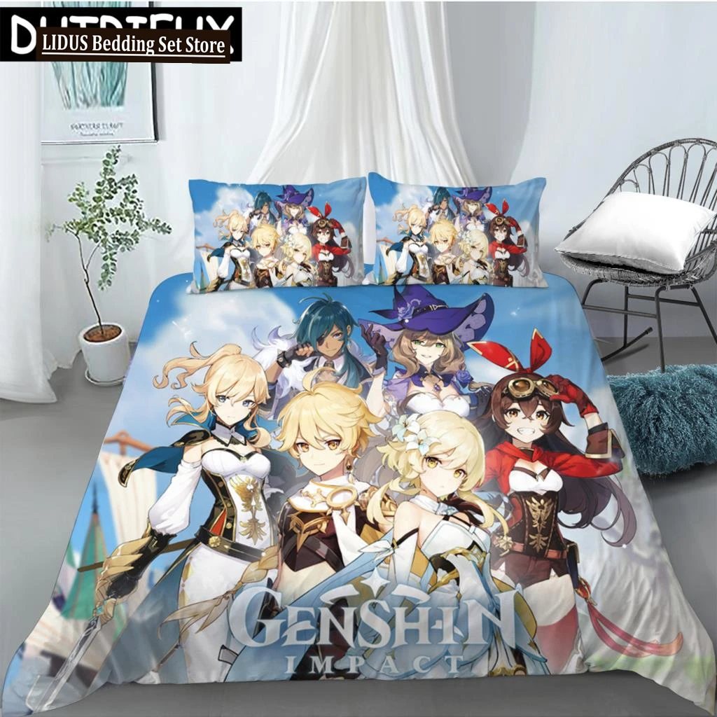 Hot Sale Game Anime Genshin Impact Printed Bedding Set Duvet Covers Pillowcases Comforter Bedding Set Bedclothes Duvet Cover 03