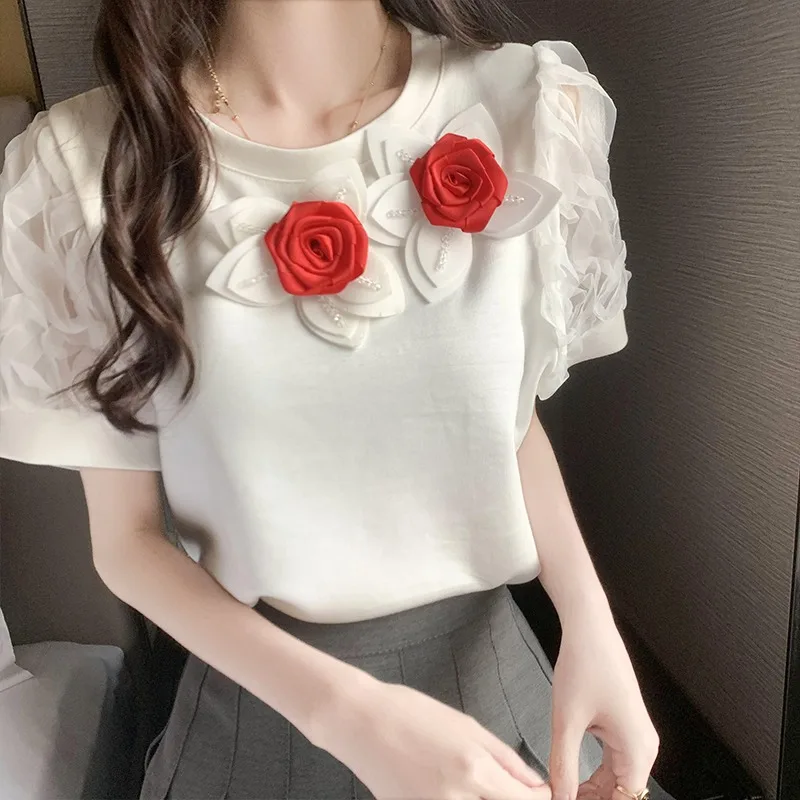 

Sweet Casual 3D Flower Splice T-shirt Women Bubble Sleeves Mesh Patchwork Contrast Color Round Neck Summer Loose Female Wear New