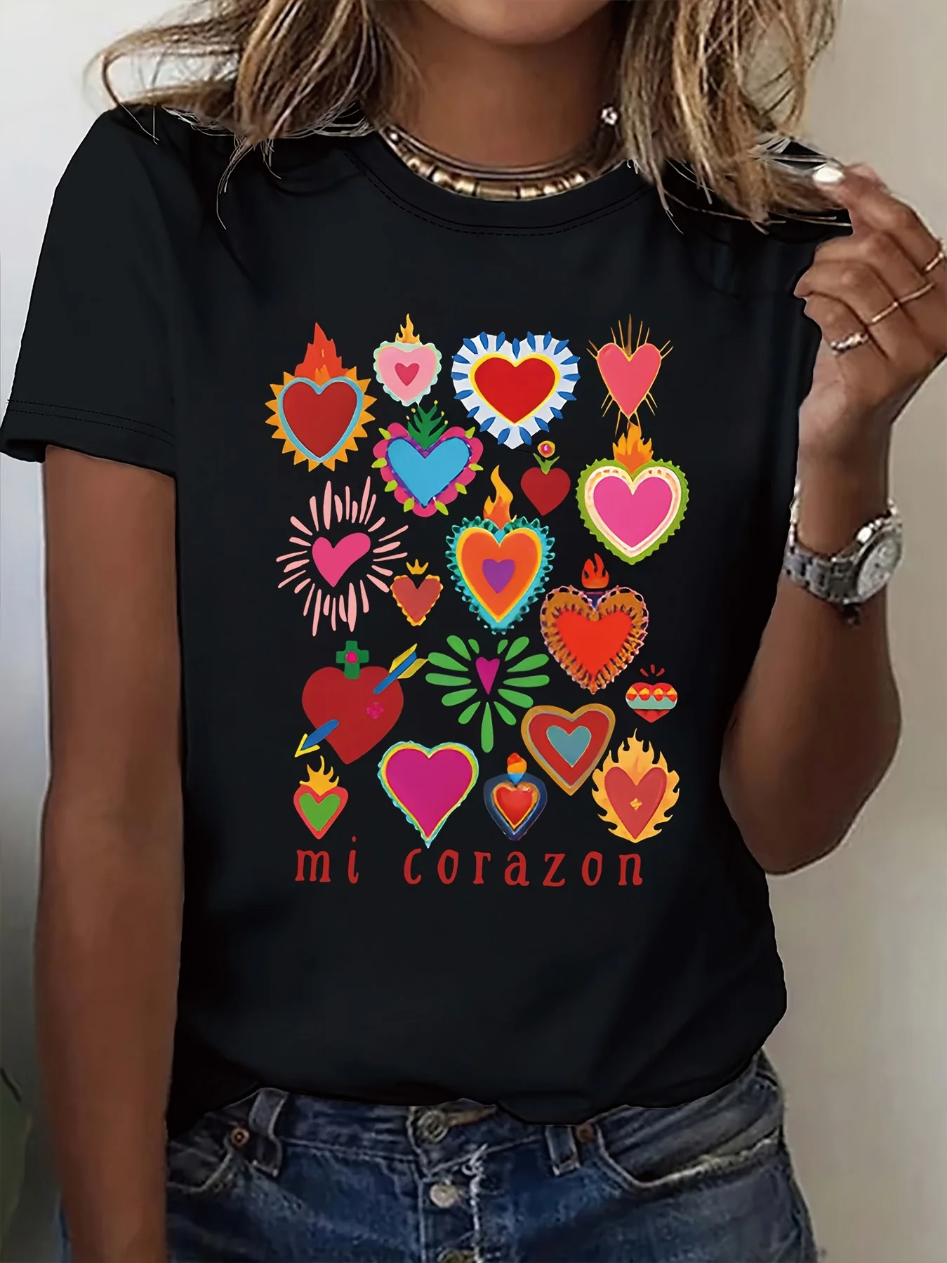2025 New Women's Mi Corazon Latino Cultural Graphic T-Shirt - Vibrant Heart Print with Spanish-Inspired Patterns, Soft Crew
