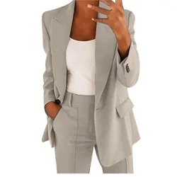 Women's Two Piece Lapels Suit Set Office Business Long Sleeve Button Formal Jacket + Pant Suit Slim Loose Trouser Suits Femme