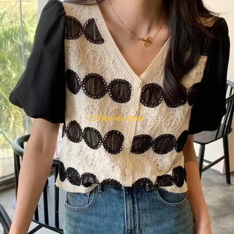 

Y5GC Crochet Blouses Crop Top for Women Puff Short Sleeve Button Up Cardigan