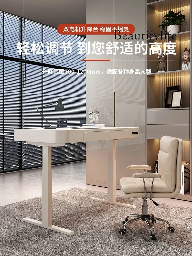 Cream Electric Wind Lifting Desk, Smart Learning Table, Light Luxury Home Study, Quarto Computer Desk