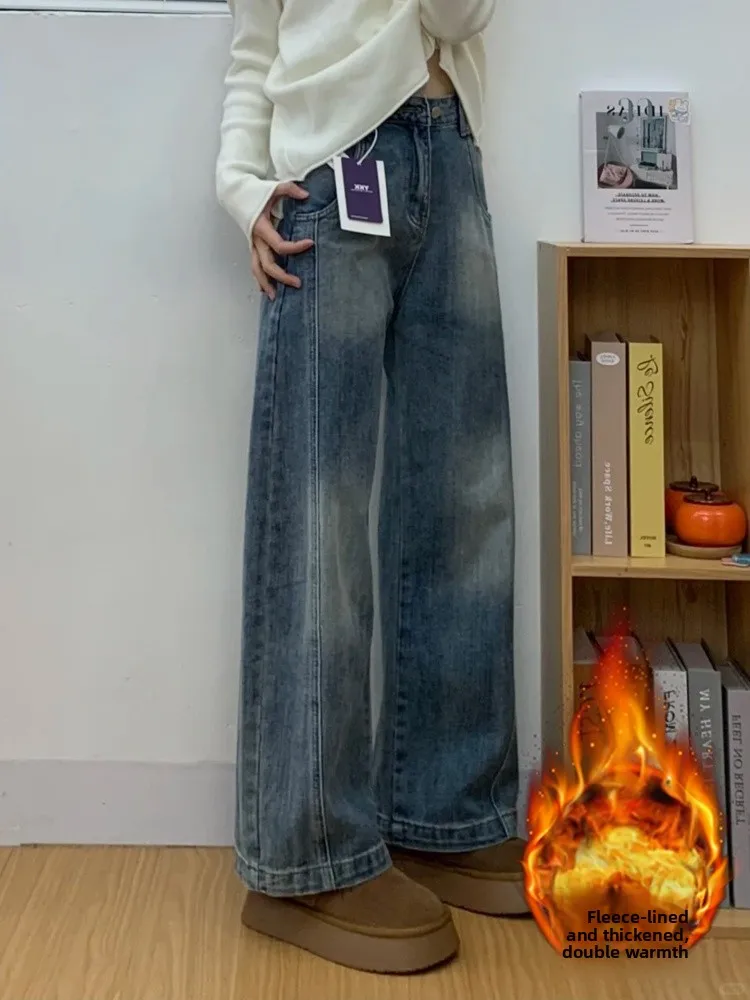 

plus Size High Waist Thiened Fce Lined Wide Leg Jeans Women's Autumn Winter Loose Fit Straight Cut Jeans Casual Sle