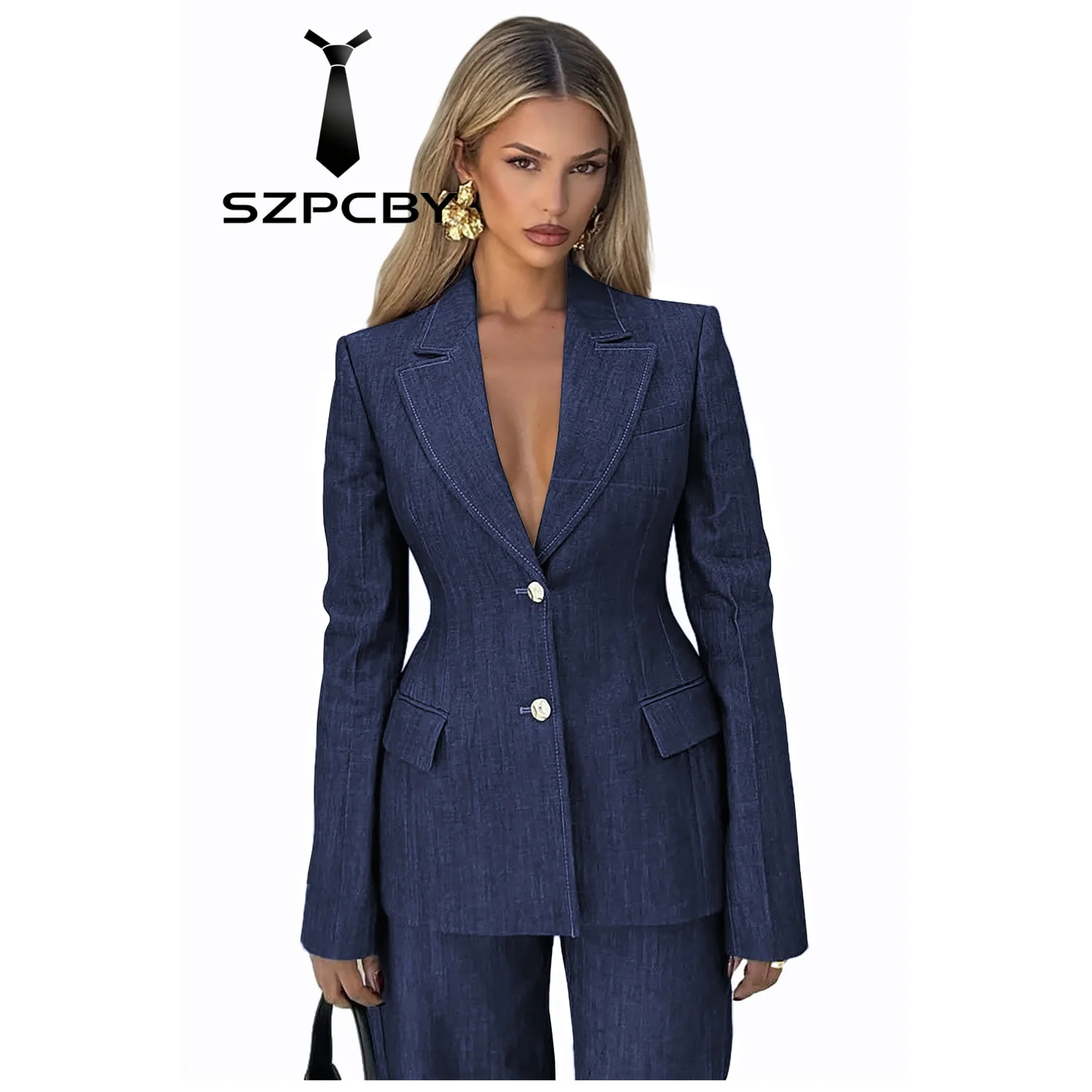 Women's Denim 2 Piece Suit Peak Lapel Business Casual Long Sleeve Tuxedo 1 Button Wedding Guest Outfit