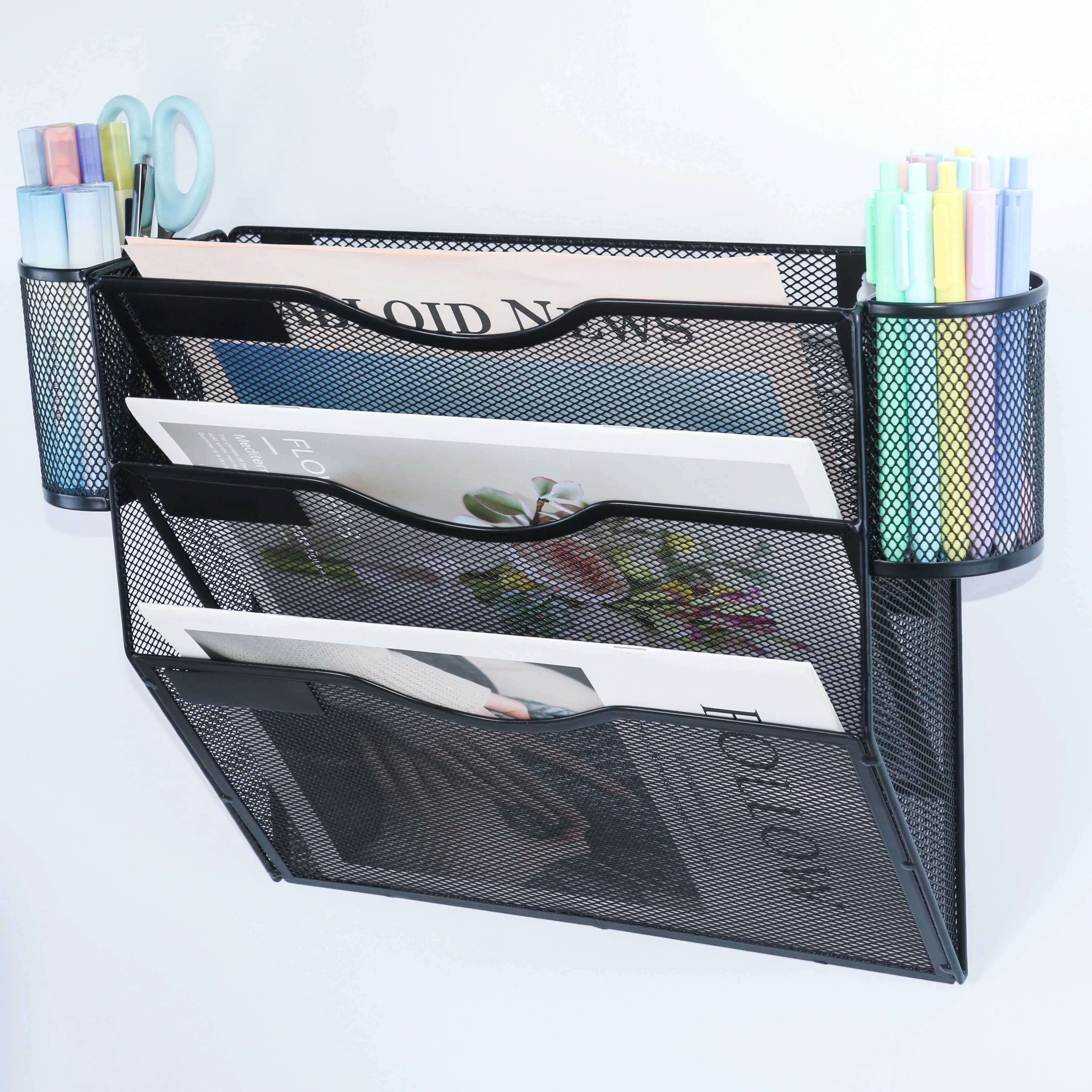 

3/5 Pocket Mesh Hanging Wall File Organizer with 2 Pen Holder, Wall Mounted Mail Paper Document Folder Holder