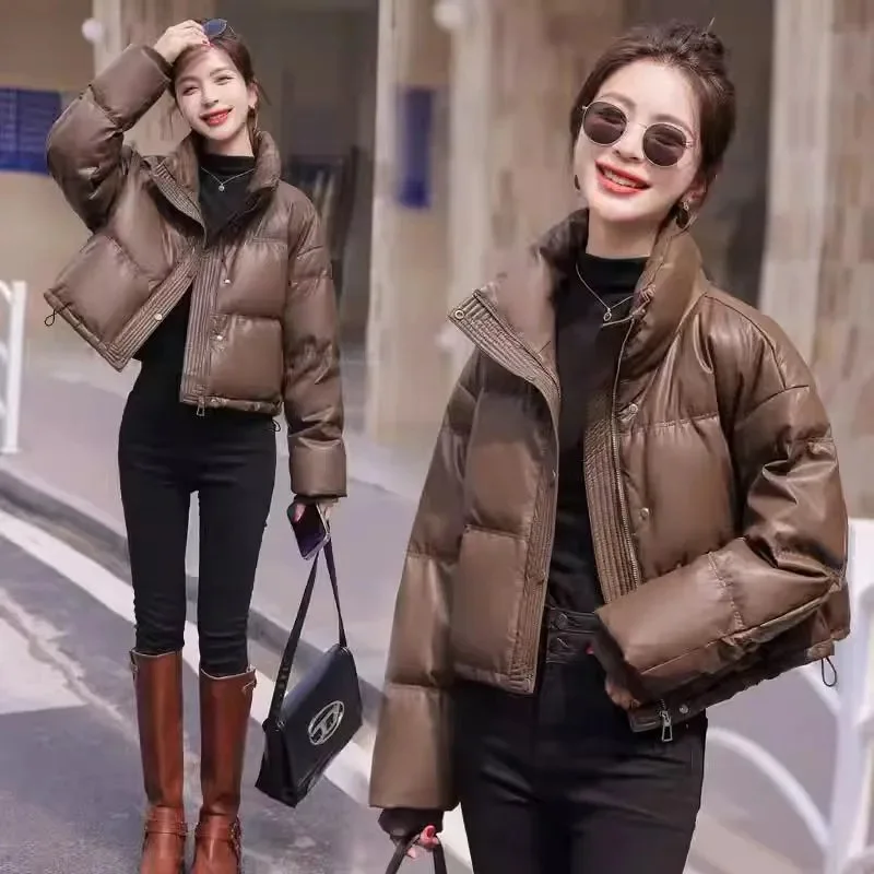 Wash-free PU Cotton-padded Jacket Short 2024 New Winter Thick Keep Warm Coat Ladies Temperament Zipper Long Sleeve Bread