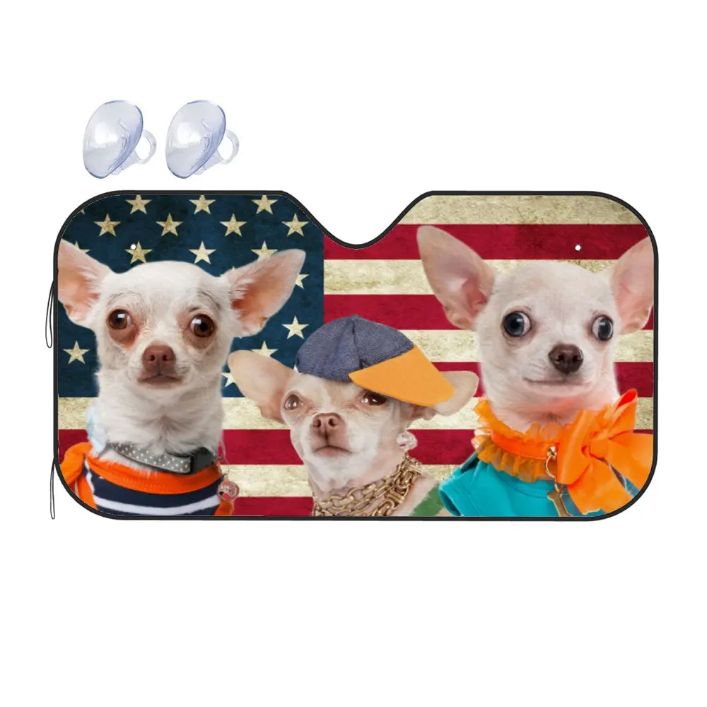 Chihuahua American Flag Car Interior Front Windshield Sun Shade, Animal Saint Bernard Sunshade for SUV- Blocks Uv Rays Protector