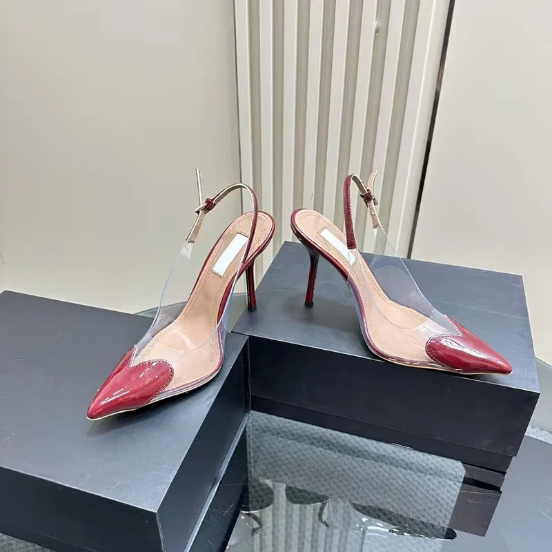 Designer Brand Original Film Cowhide Leather Pointed-toe Heart Patchwork Thin Heel Sandal Genuine Leather Sole High Heel Shoe