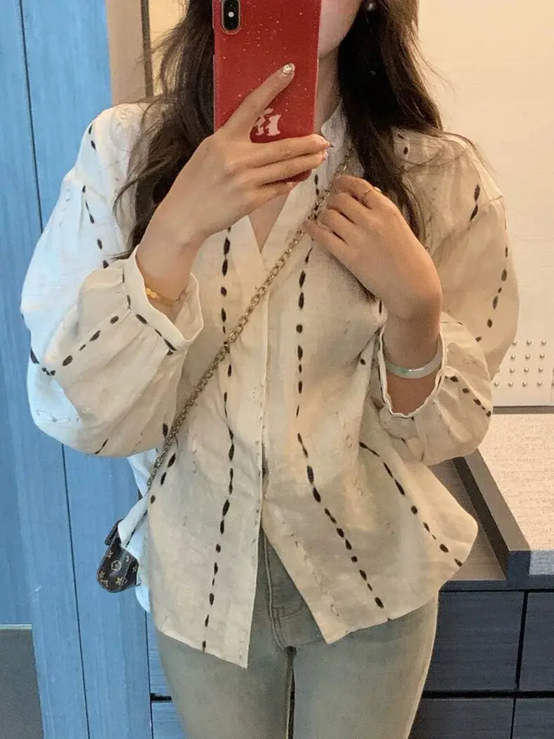 Autumn New French Water Drop Print Versatile Loose Long Sleeve Shirt for Women