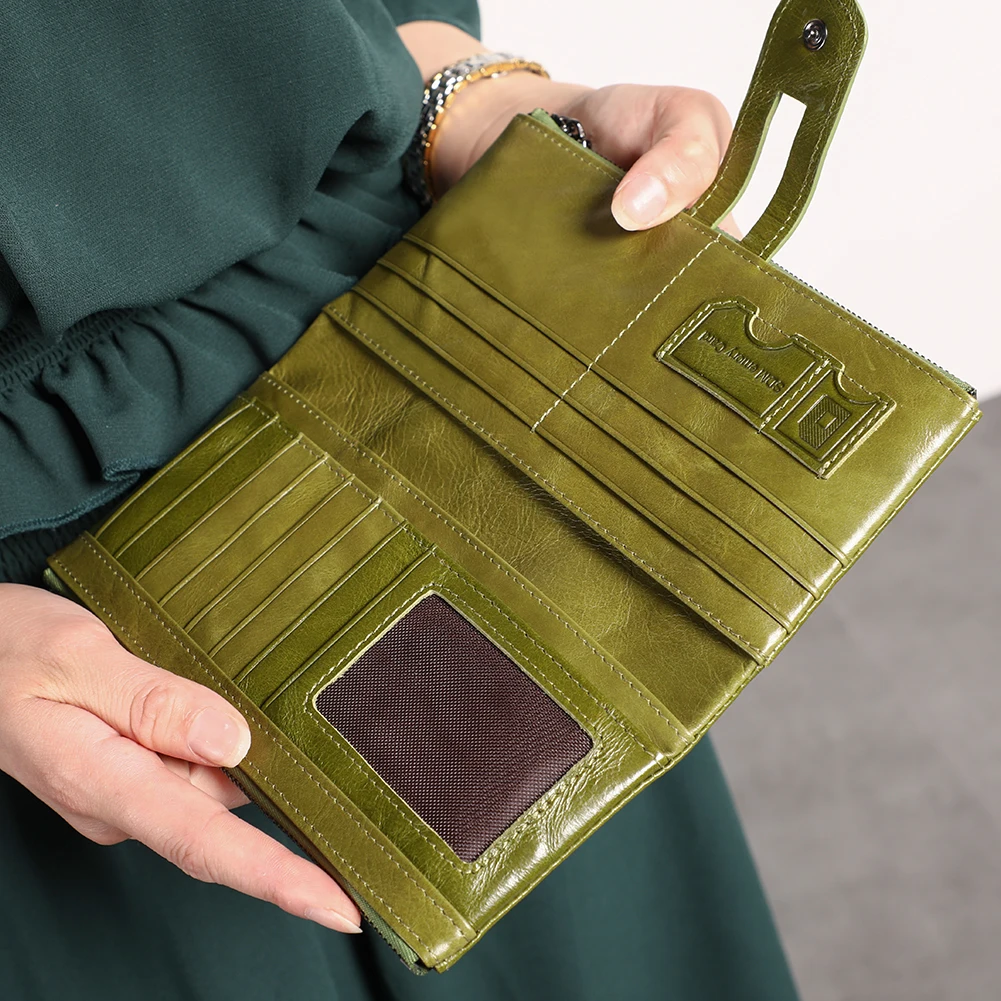 Cartera de cuero genuino RFID para mujer, cartera larga para mujer, bolso con múltiples ranuras para tarjetas, cartera con cremallera para monedas, cartera móvil para mujer