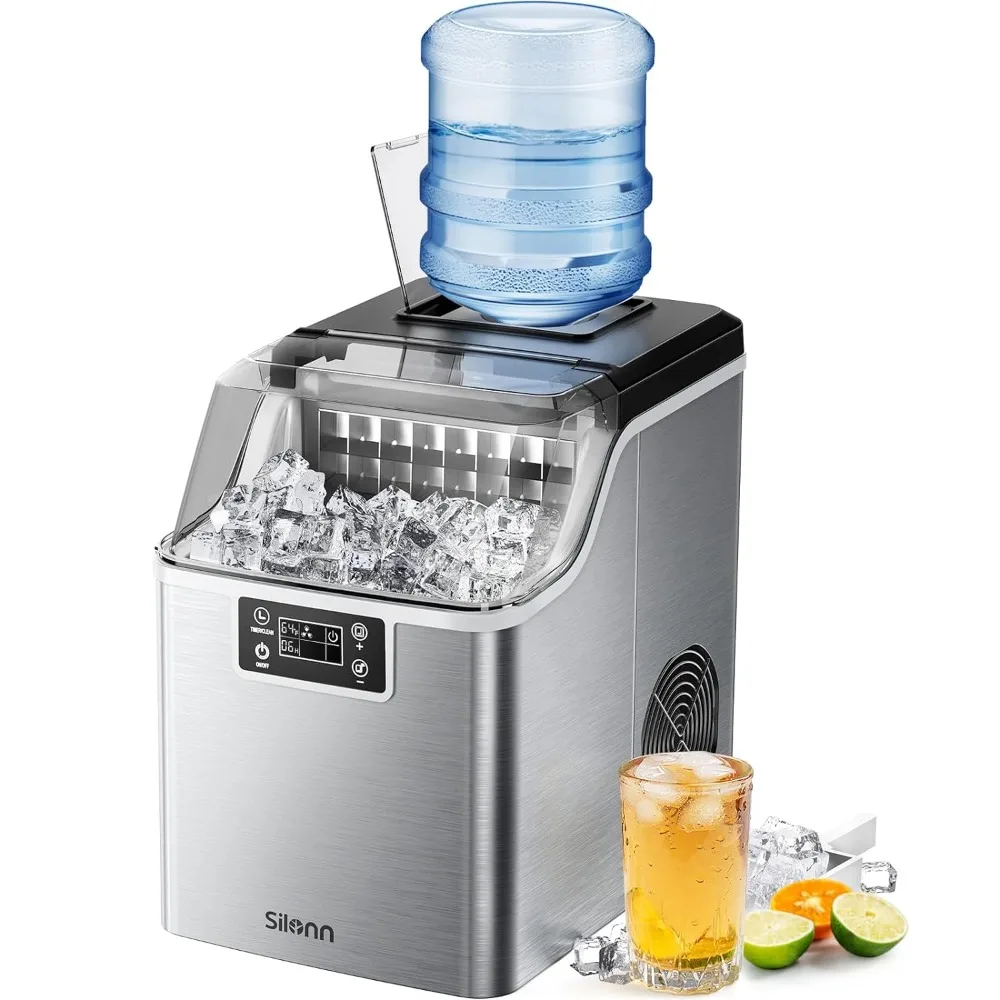 45lbs Per Day, 24Pcs Ice Cubes in 13 Min, 2 Ways to Add Water, Auto Self-Cleaning, Stainless Steel Ice Machine for Home Office