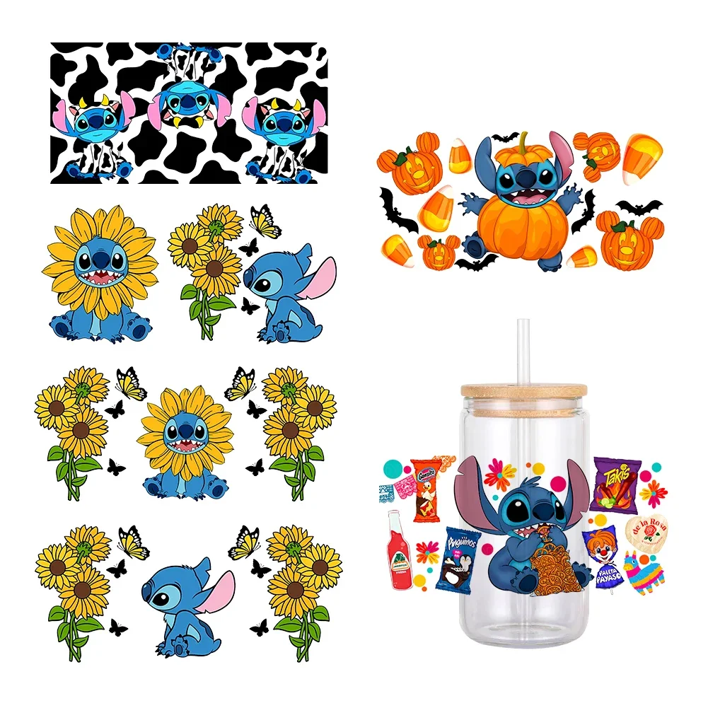 ひまわり 11 × 24 センチメートルディズニーステッチリビー 16 オンス缶ガラス 3D 防水 UV DTF コーヒー缶ラップリビーガラスラップ