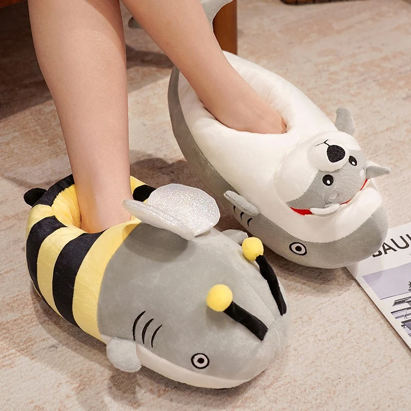 Cute Shark Bees&Shark Dog Slippers Women Shoes Winter Slippers Indoor House Shoes Warm Plush Slipper Couples Home Slides Footwea