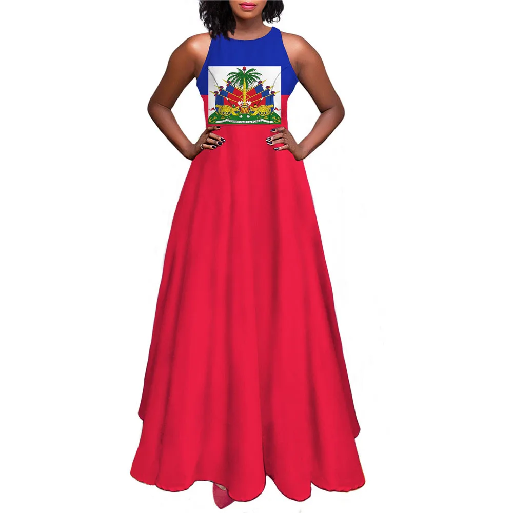 Haiti Flag Print Women Maxi Long Dress Summer Sleeveless Sundress Sexy Girl Party High Waist Ankle Length Woman Dresses Vestidos