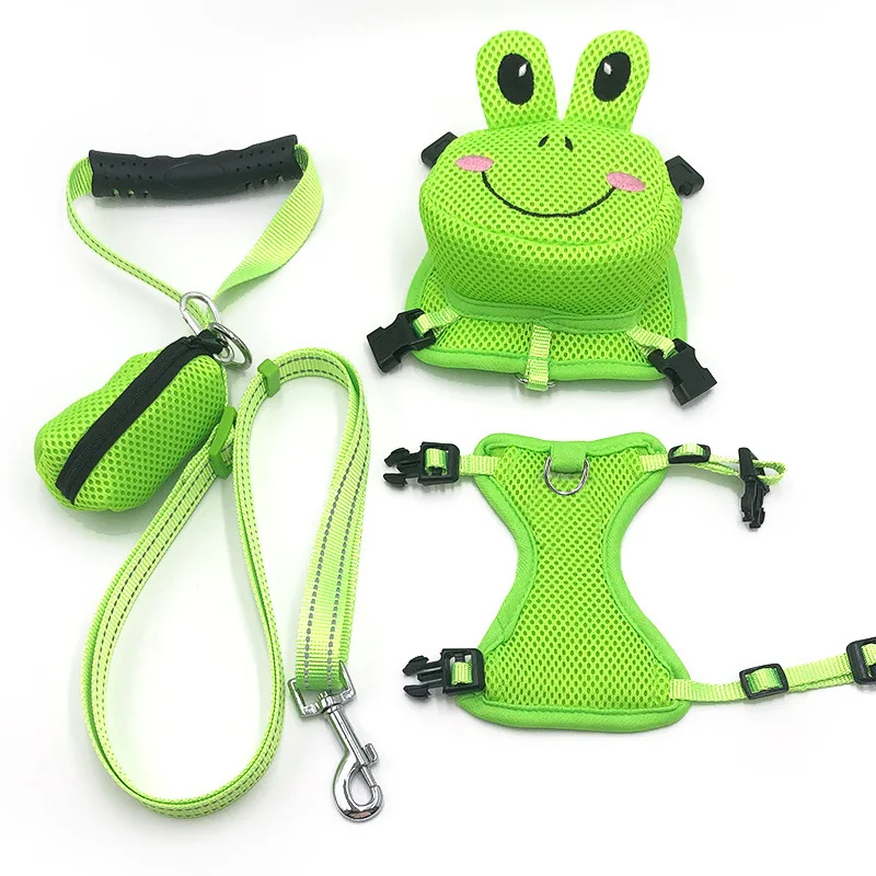 Dog Harness Saddle Bag Backpack Puppy Cat Traction Rope Dog Leashes Chest Strap Comfortable Adjustable Puppy Mesh Vest Cute Frog