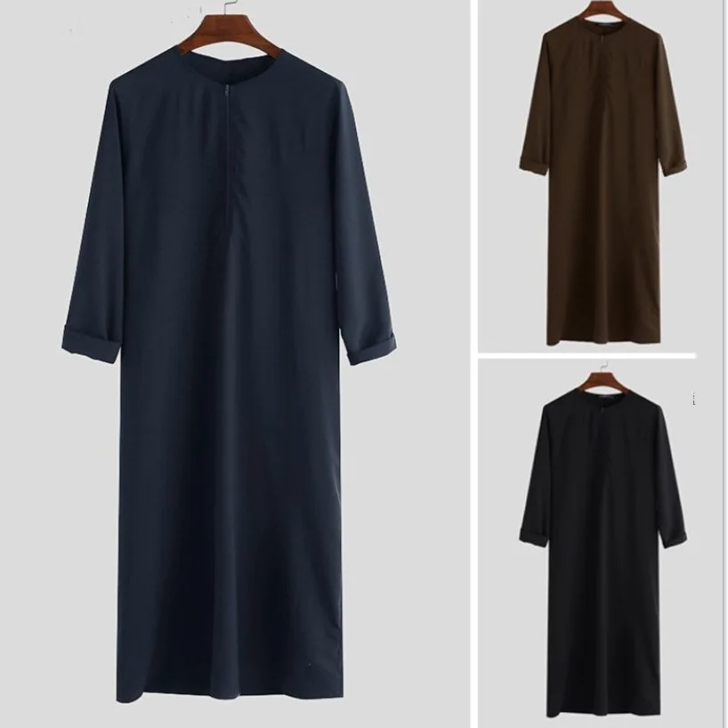 Muslim Men Arab Jubba Thobe Long Sleeve Pockets Tunics O-neck Polyester Kurtas Djellaba Homme Eid Ramadan Saudi Male Dress