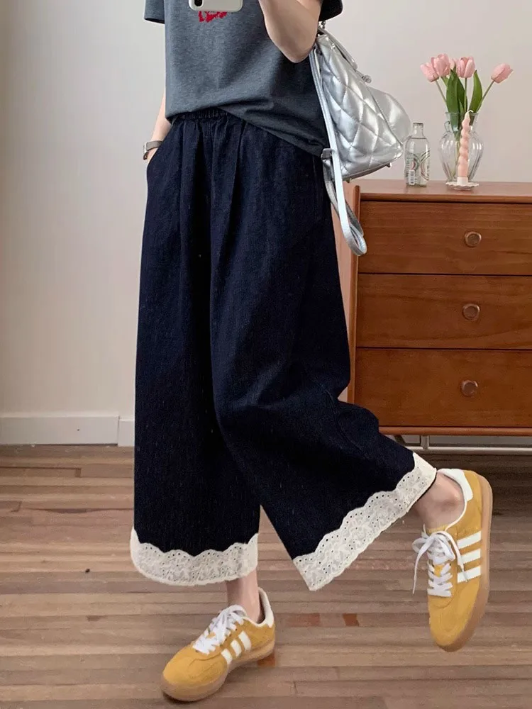 

Большие размеры Джинсовые брюки с кружевной отделкой Женские брюки из 9 предметов Осень Новые свободные эластичные тонкие широкие брюки с высокой талией Широкие джинсы