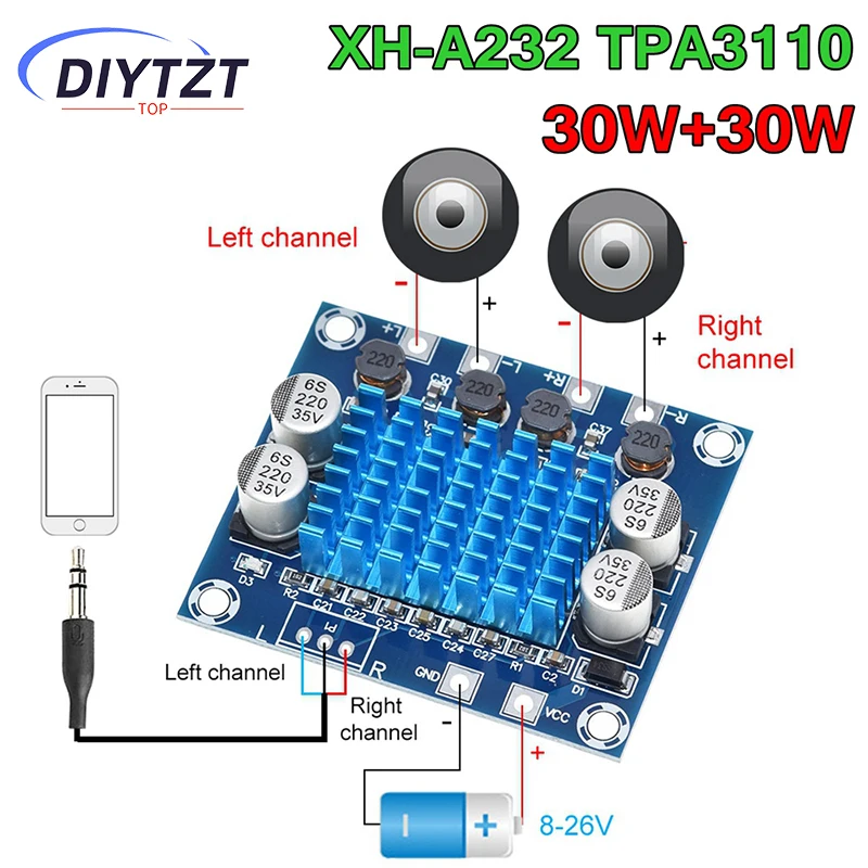 

XH-A232 30W+30W Dual Channel Digital Stereo Audio Power Amplifier Board 12V 24V Amplifier Board 8-26V DC Audio Amplifier Board