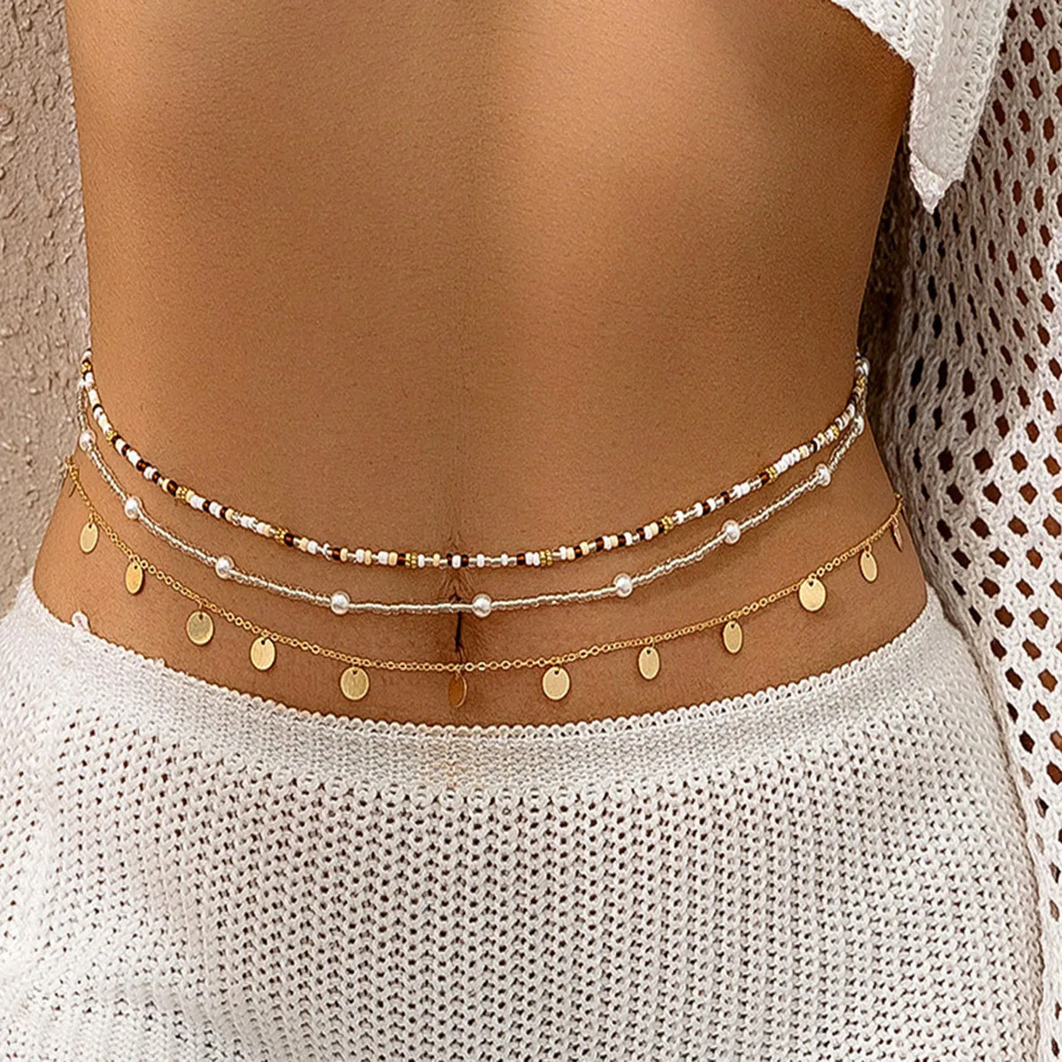 Retro Gold สีโลหะวงกลมเลื่อมจี้เอว 2024 Multi Layer สีสันลูกปัด Body Chain สาวแฟชั่นเครื่องประดับ