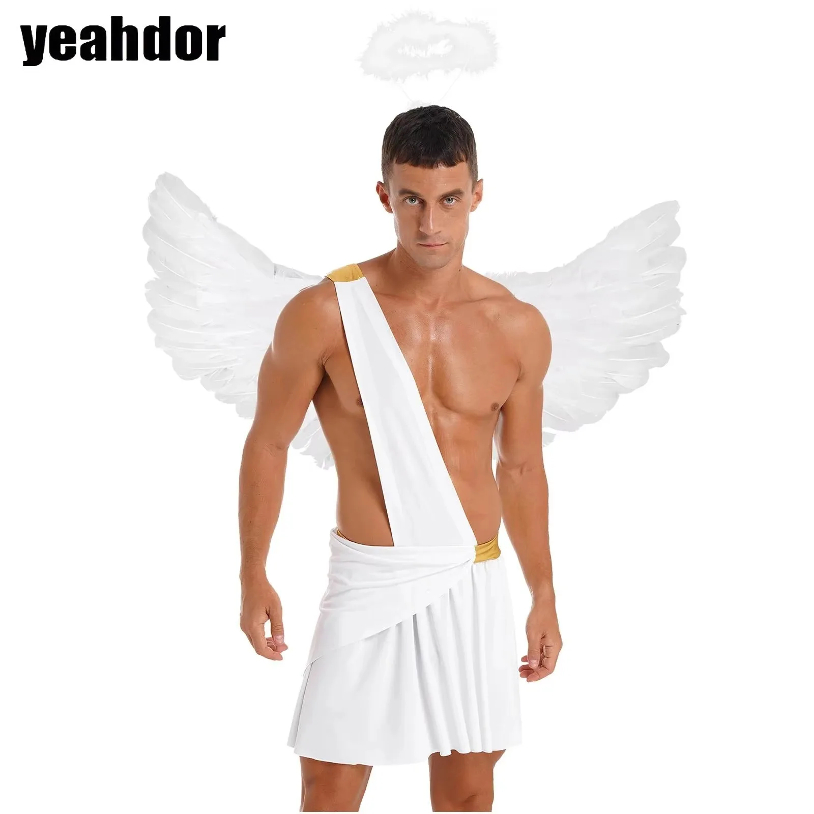 

Men Ancient Greek God Costume One Shoulder Strap Skirt with Feather Angel Wing Hair Hoop Halloween Cosplay Knight Warrior Outfit