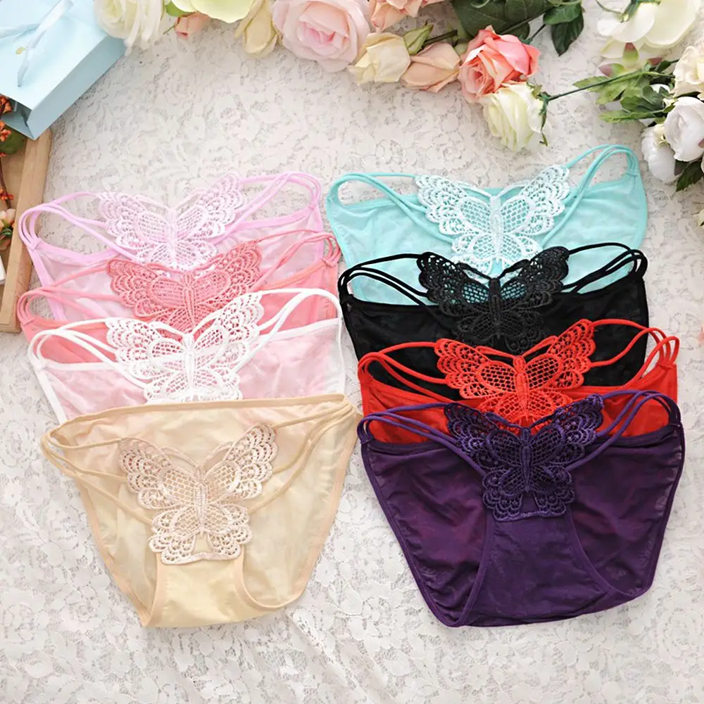 Elastic Breathable Printing Peach Hip Mesh Thin Belt Women Intimates Butterfly Embroidery Panties Hollow Lace Briefs