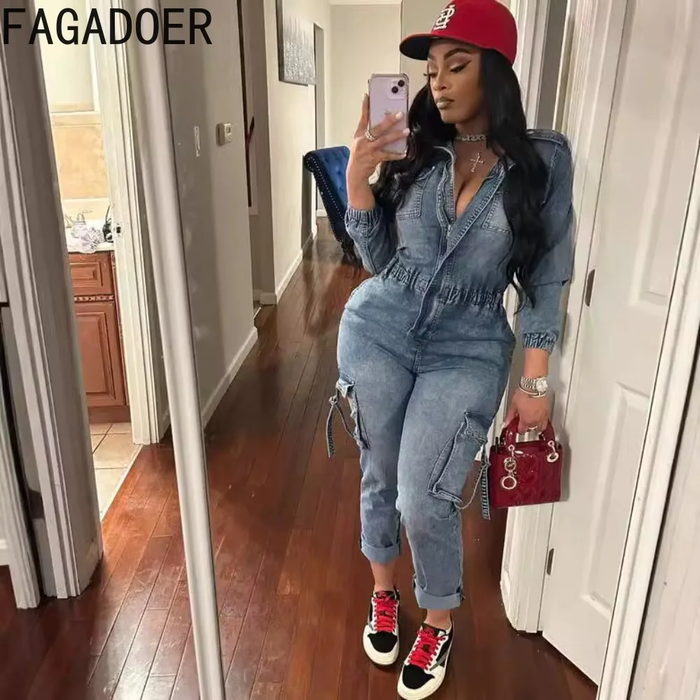 FAGADOER Cargo Pockets Patchwork Denim Jumpsuit Women Y2k Streetwear Stretchy High Quality Jean Overalls Autumn Winter Fashion