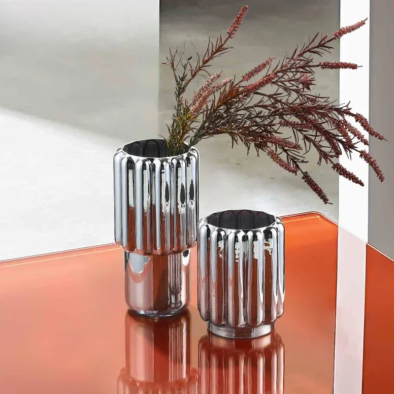 

Electroplated Silver Straight Glass Big Vase Ornament Entrance Living Room Bedroom Desktop Dining Table Home Art Decoration
