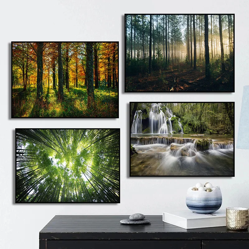 Nature Scenery Green Trees Forest Bamboo Waterfall Landscape Canvas Painting Poster Print Wall Art for Living Room Home Decor