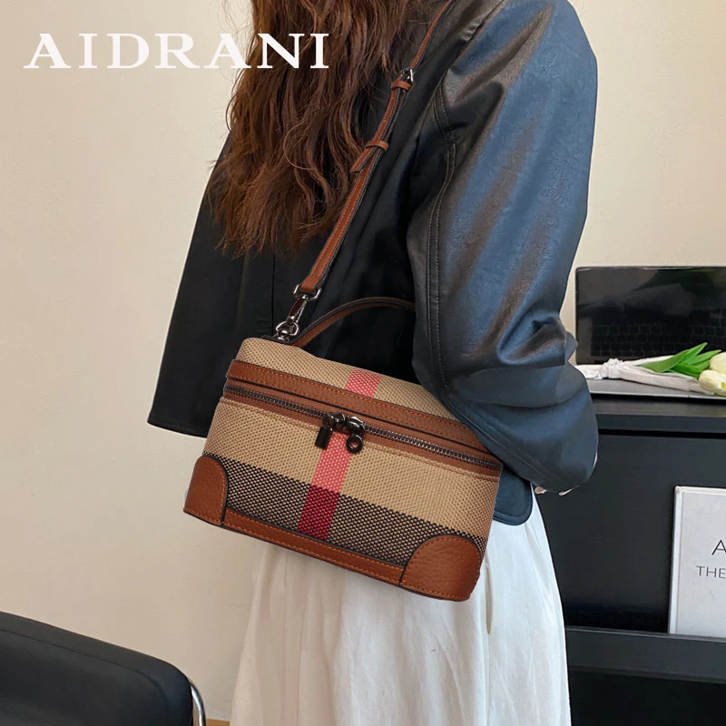 

Aidrani New canvas cowhide small square bag with plaid design, single shoulder crossbody women's bag