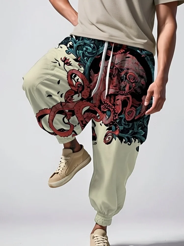 

Retro Loose Drawstring Waist Sweatpants Men's Mysterious Cthulhu Octopus Art Holiday Autumn Trouser Pants Oversized Kpop Bottoms