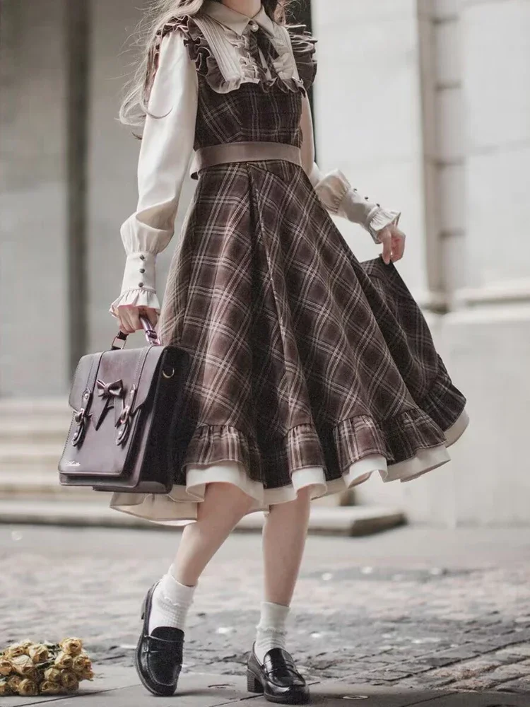 Fake Two-Piece Dress for Women Long Skirt Slim Fit Waist Cinching Vintage Lolita Plaid Bow New Korean Style Fashion Winter 2024