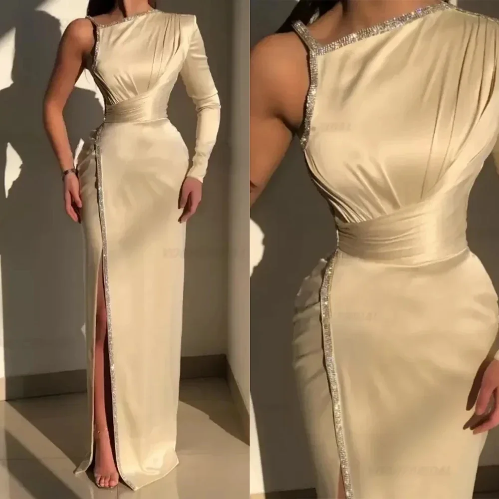 Customized Fashion Champagne Elegant Evening Gowns One Shoulder Long Sleeves Beading Mermaid Wedding Party Dress