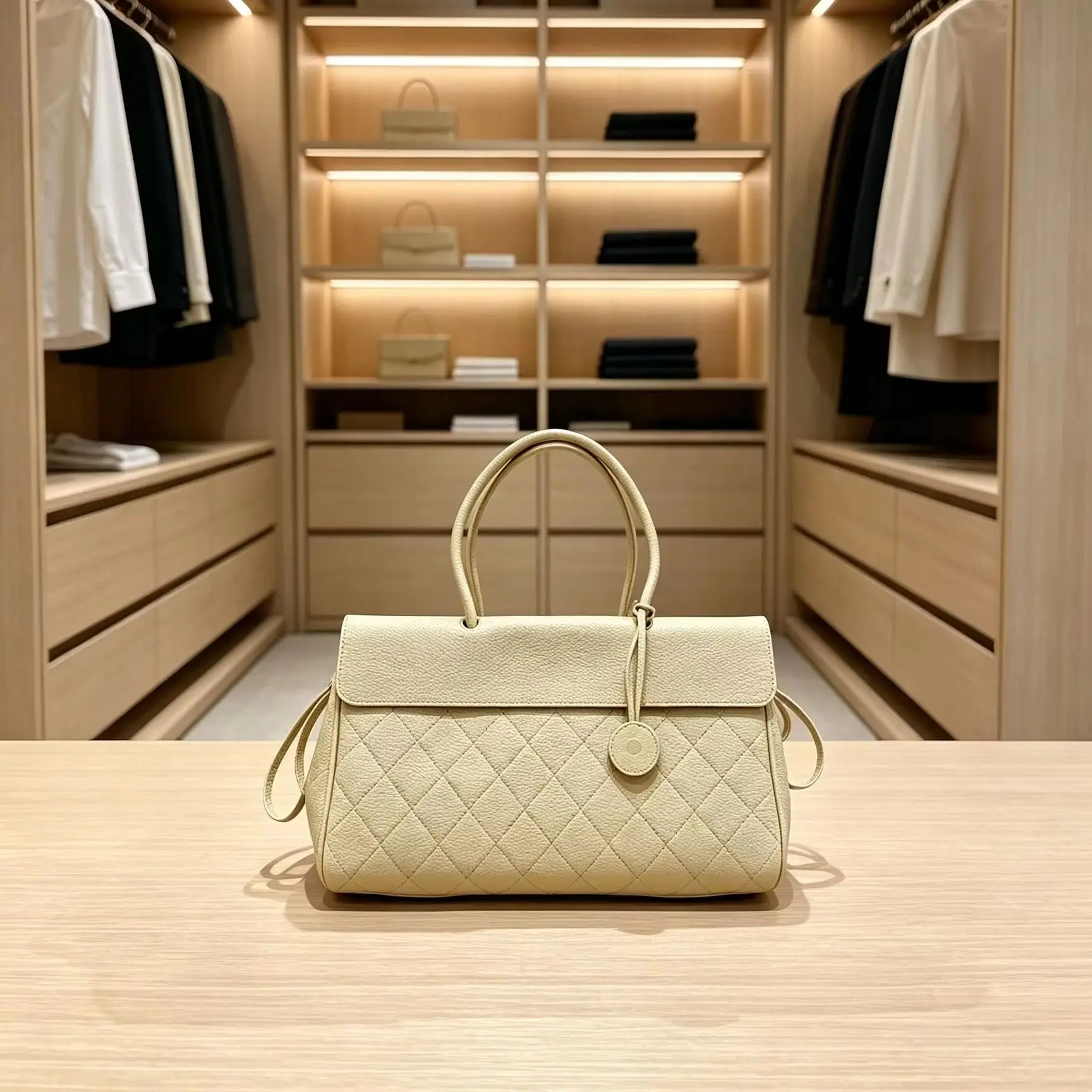 Cream Quilted Flap Handbag Top Handle Large Capacity Office Shoulder Bag