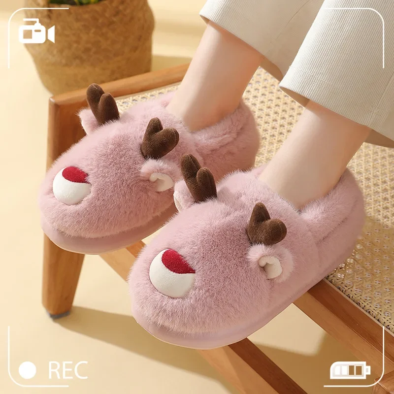 

Elk Cotton Shoes Home Indoor Non-slip Warm Cartoon Men and Women Parent-child Cotton Shoes Christmas Couple Root Cotton Shoes