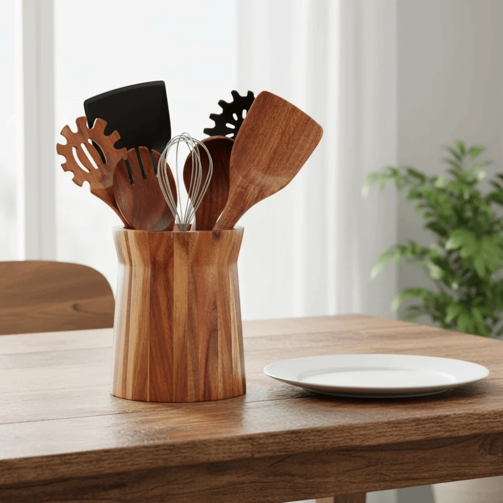 

Wooden 360-Degree Rotating Utensil Holder Trapezoidal Smooth Surface Cutlery Organizer Farmhouse Style Dinnerware Rack Spatulas