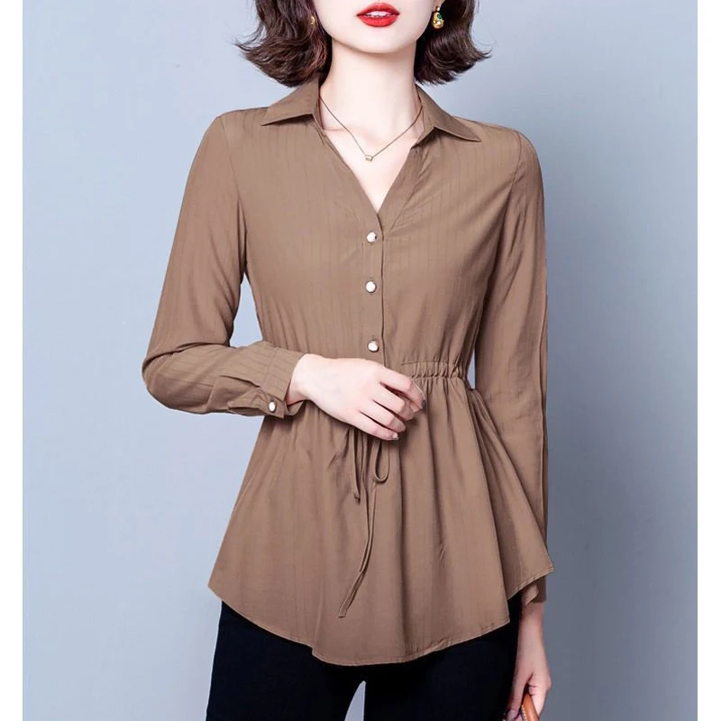 Elegant Chic V Neck Long Sleeve Solid Slim Office Lady Shirts Korean Fashion Lace Up Commute Top Blouse Women Blusas Clothes2023