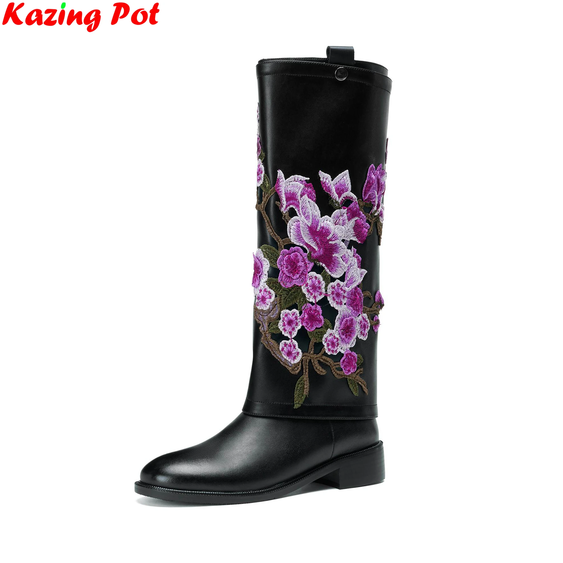 Botas de montar largas con tacones medios bordados de cuero de vaca de talla grande 33-43, zapatos cálidos de invierno para citas, botas hasta la rodilla de marca de lujo para mujer