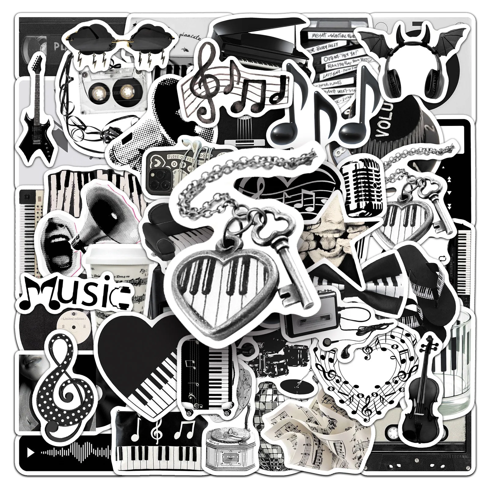 

50PCS Black and White Music InsStyle Graffiti Sticker DIY Decoration Notebook Water Cup Skateboard Computer Toy Gift Sticker