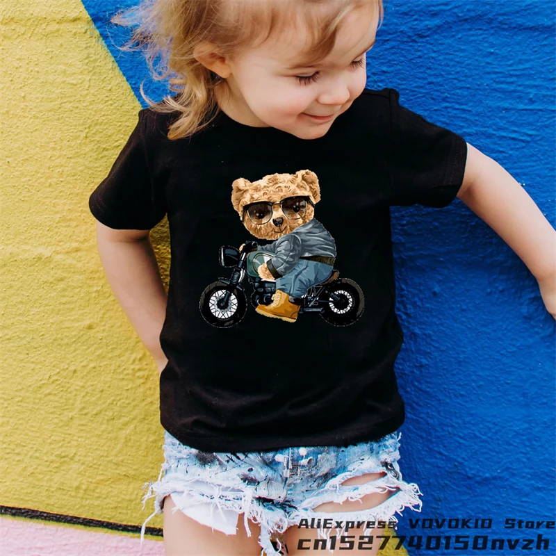 Funny Bear Boy Girl Black Cute Cartoon T-shirt Kid Summer Animal Anime Tops Tee Children Baby Family Group Clothes