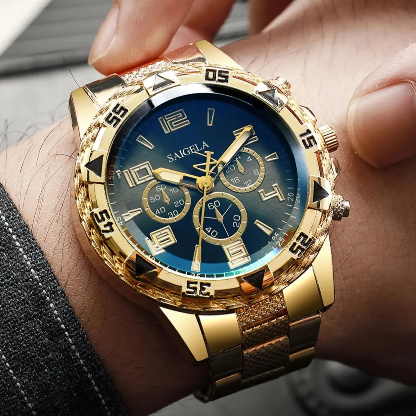 Fashion Men\'s Watch Casual Arabic Dial Gold Steel Band Male\'s Quartz Watch