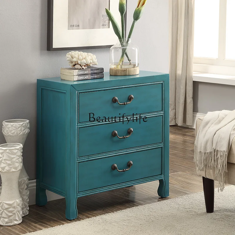 American Style Distressed Chest of Drawers European Style Locker Bedroom Retro Storage Cabinet Painted Bedside Table