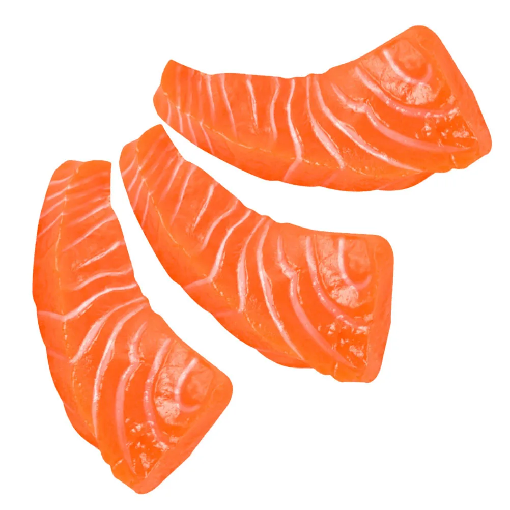 3 قطعة شرائح السلمون نابضة بالحياة للمطبخ ديكور المنزل مطعم وهمية الغذاء عرض المشهد التصوير الدعائم البلاستيكية لحوم الأسماك الاصطناعية