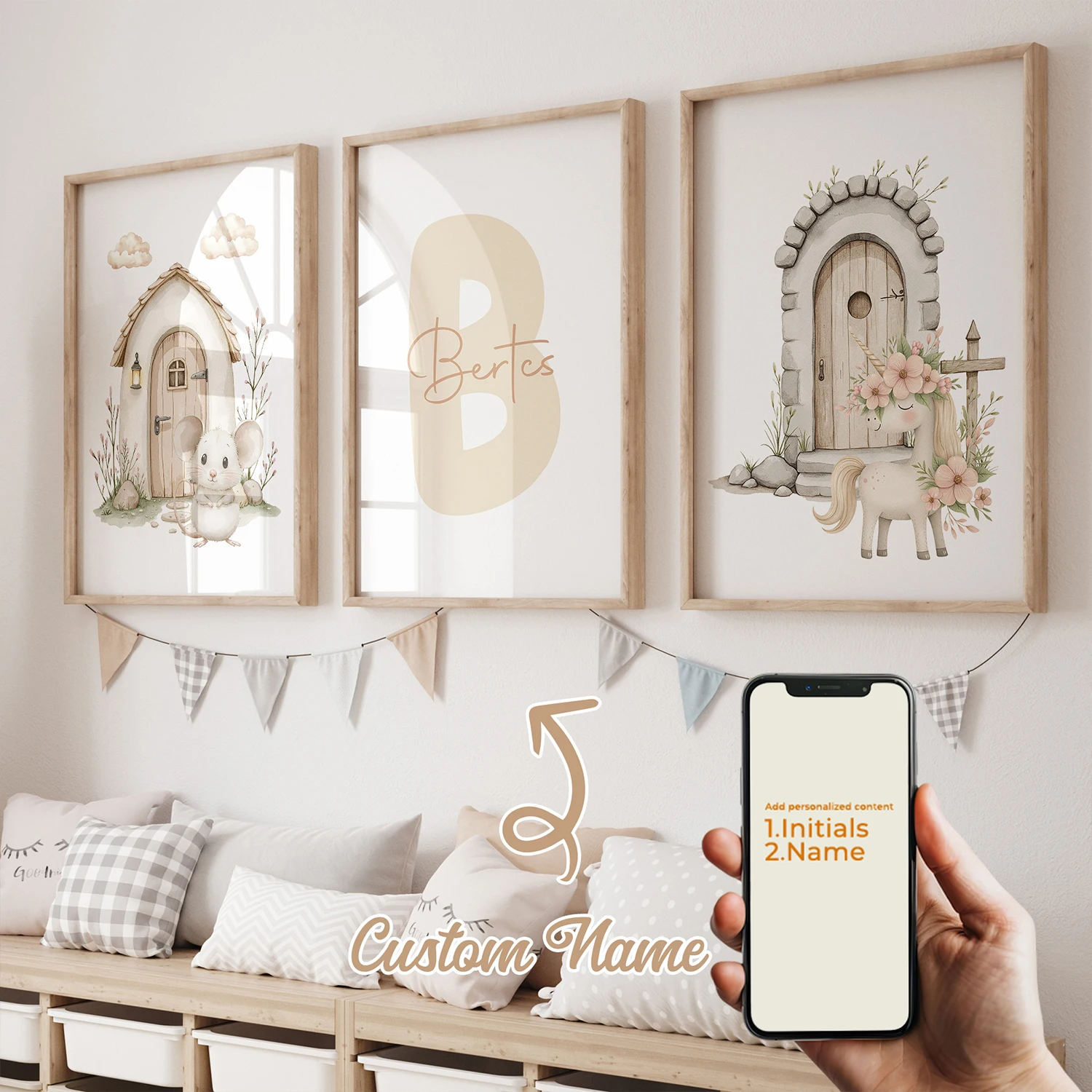 

3pcs Personalized Name Custom Cute Mouse House Unicorn Flower Wall Art Print Picture Living Room Kids Room Home Decor