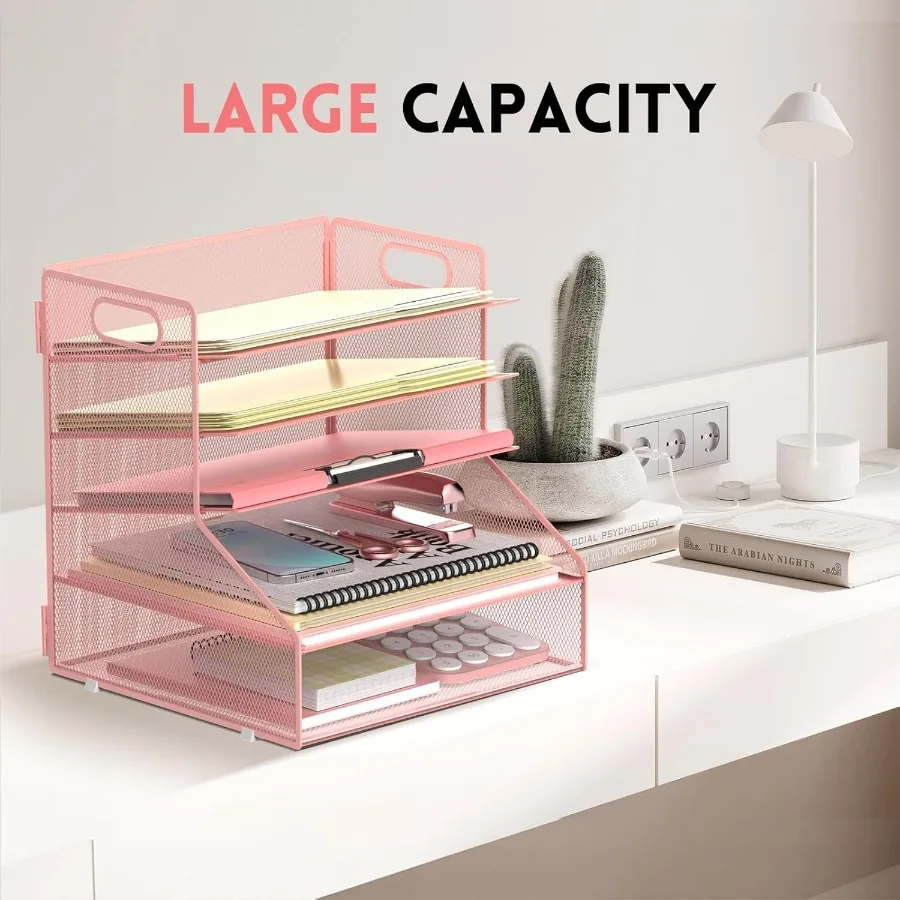 منظم ملفات مكتبي مكون من 5 طبقات مع صينية ورق معدنية لتنظيم المكاتب المنزلية الفعالة وتصميم اللون الوردي لتعزيز Wor #5