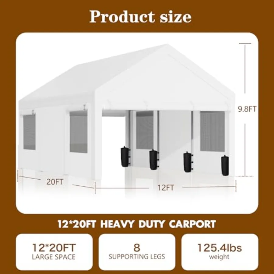 12x20 Heavy Duty Carport, Portable Garage for Truck SUV