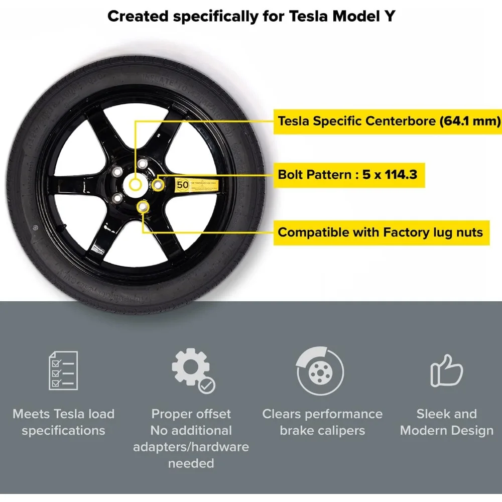 Complete Spare Wheel and Tire Kit for Tesla Model Y - Includes 18x4 Black Rim, 155/85R18 Spare Tire (28.5" Diameter) image 3