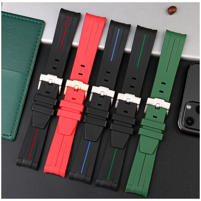 20mm 22mm Curved End Rubber Watch Strap For Rolex Submariner Watchband Soft Silicone Black Green Blue Diving Bracelet Wrist Band