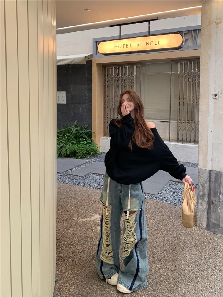 

Women's solid color slanted collar style top American style hole design sense wide leg jeans spring trendy two-piece set