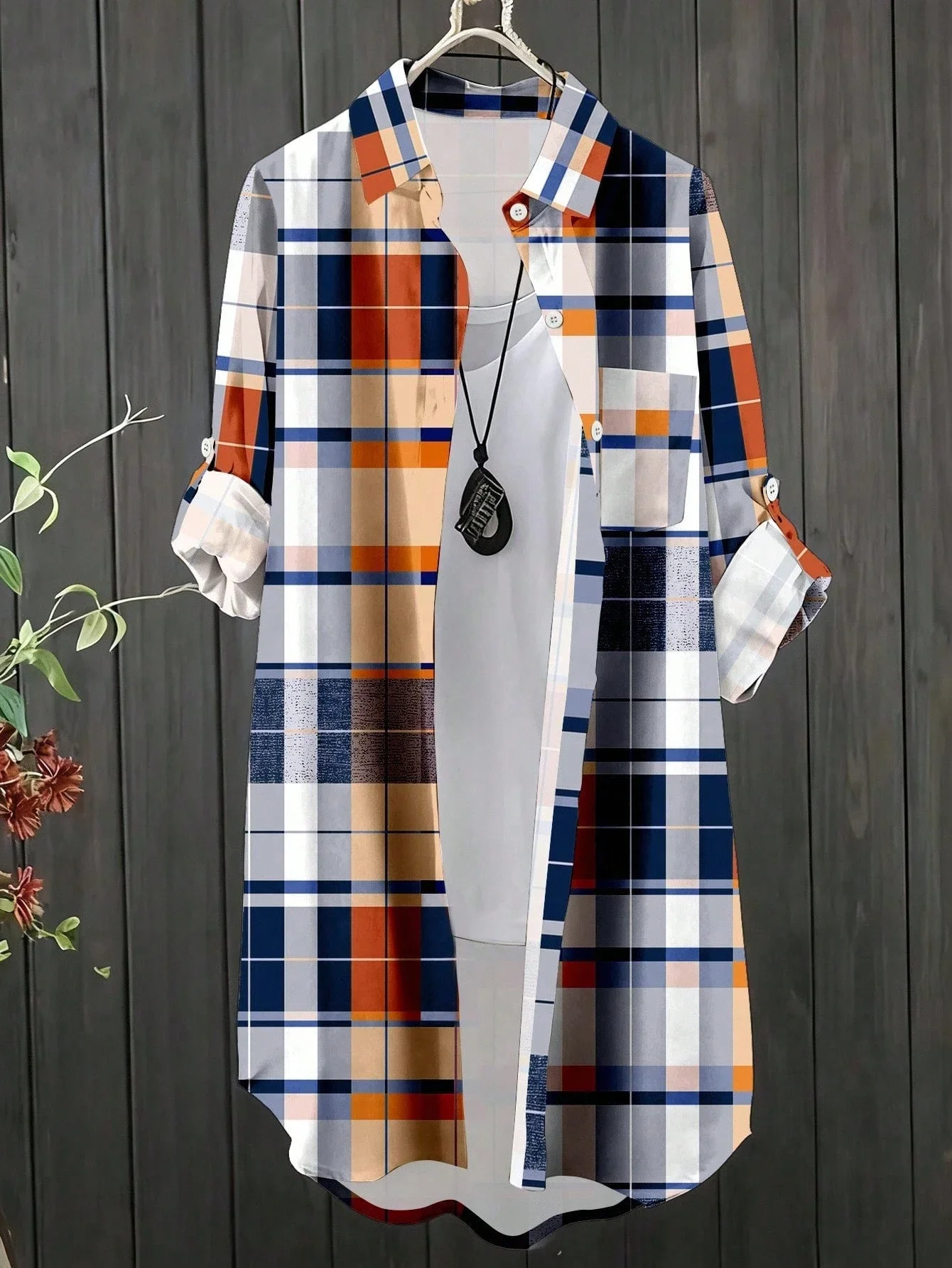 

Plaid Roll-Up Sleeve Single-Breasted Loose Casual Blouse For Women