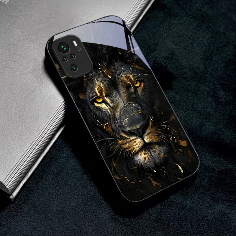 Lion With Golden Black Glass Phone Case For Redmi Note 10 11 Pro+ 12 13 14 4G (Global) 14 Pro 5G (India) K60Ultra 13C 14C Cover